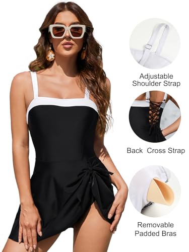 Blooming Jelly Women One Piece Swimsuit Tummy Control Swim Dress Color Block Modest Bathing Suit Retro Swim Suit Skirt(X-Large,Black) - Image 4