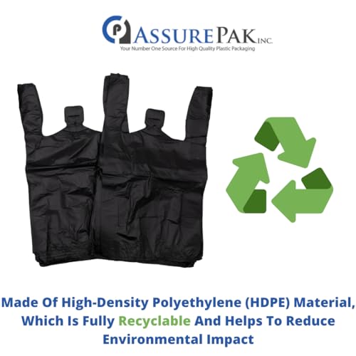 ASSUREPAK Easy Open - Black Unprinted HDPE T-Shirt Bags 10\"x5\"x18\" with handles – 1000 Units – 13 Microns – Perfect for Grocery Shopping and Store Purchases 20018-EO