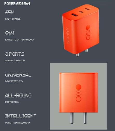 Image of Original 65W GaN Charger Adapter, 3 Port - 2 Type - C & 1 USB Type -A Compatible with CMF /Nothing Phone 1 /2 /2a /2a plus /3 /3a (All Series) & Other Type C Devices