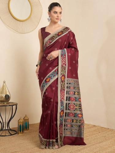Image of AKHILAM Women's Cotton Printed Ready To Wear Saree With Unstitched Blouse Piece