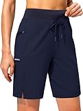 Women's Hiking Long Shorts 9' Quick Dry Cargo Bermuda Shorts Lightweight Knee Length with Zipper Pockets for Women(Navy,XXL)