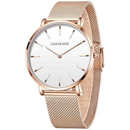 LIGE Montre Femme, Montre Bracelet Femme Ultra-Plate, Analogique à Quartz, Grand Cadran épuré, Acier Inoxydable étanche, Style raffiné, élégant et...