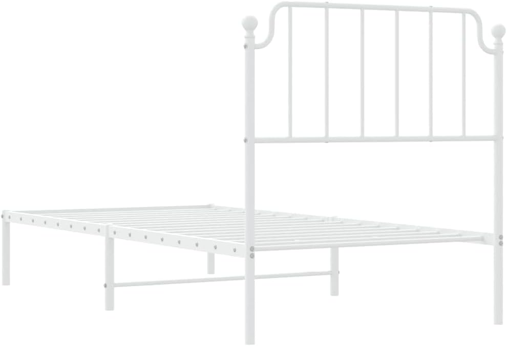 Twin Bed Frame White Powder-Coated Steel Metal Bed Frame with Headboard Platform Foundation Sturdy Durable Storage Modern Minimalist Bedroom Furniture