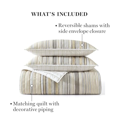 Image of Martha Stewart - Full Queen Size Quilt Bedding Set - 3 Piece, Soft Washed Microfiber, Printed Bedspread, Reversible, All Season, 1 Quilt, 2 Standard Pillow Shams, Gray & Khaki, Lefferts Stripe Print
