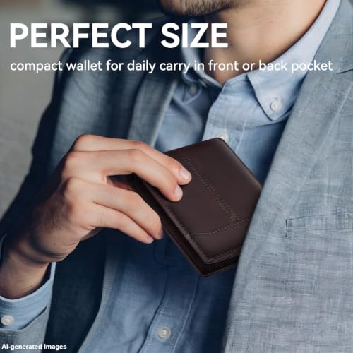 Image of furid Top Grain Leather Wallet Men: RFID Minimalist Bifold Credit Card Holder with 2 ID Windows - Slim Front Pocket Wallets for Men - Gifts for Husband Father on Anniversary Birthday
