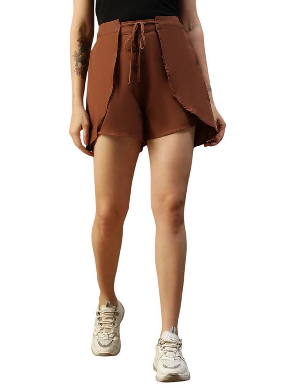 Women Cotton Casual Shorts | Regular Fit Solid |Short Curved Shorts for Women |Brown-image-3