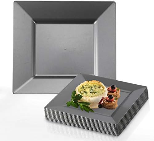 Elegant Disposable Plastic Dessert Plates 20 Pcs Cake Plates - Heavy Duty Fancy Square Silver Salad Plates - 6.5" Pastry Party Plates For Weddings, Christmas, Thanksgiving, Birthday & Other Occasions