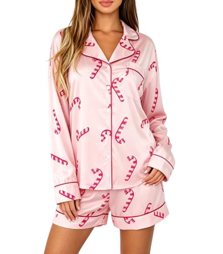 Luckinbaby Women Satin Christmas Pajamas Shorts Set Candycane 2 Piece Button Down Lounge Set Long Sleeve Shirt Shorts Sleepwear(Candy Pink,Small) - image 1