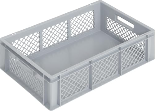 Bac plastique ajouré - Norme Europe - Empilable - Poignées ergonomiques - Fond plein - Gris - Boîte de rangement - Plusieurs dimensions au choix (600 x 400 x 170 mm)