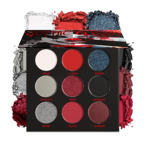 DELANCI 9 Colors Black Red Eyeshadow Palette Horrorclown Goth Makeup Silver White Shimmer Matte EyeShadow Palette Waterproof Vegan Highly Pigmented Eye Shadow for Halloween Clown Goth SFX