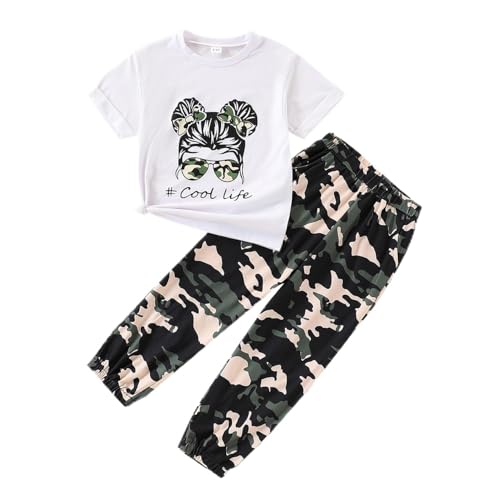Image of Ayzozuy Kid Girl Clothes Outfits Figure Letter Graphic Tee Top + Flap Pocket Pants 2PC Clothing Set