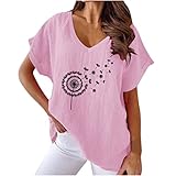 2026 Camiseta Manga Corta Mujer, Verano Algodón y Lino Moda Impresión Blusa Camisa Cuello en V Basica Camiseta Elegant Suelto Tops Casual Fiesta Cómodo T-Shirt Original tee Playa