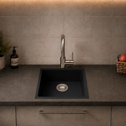 Carysil DOLCE UK Quartz Kitchen Sink 17 x 18 x 8 inches, Single Bowl, 80% Quartz & 20% Resin, Heat Resistant 300°C, 50kg Load, Scratch & Stain Resistant, Granite Sink, 304 SS Coupling - Pearl Black