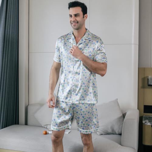Men's Satin Pajama Set Short Sleeve Silky Short Pants Button Down Sleepwear Multicolor Silky Men's Pajama Set2