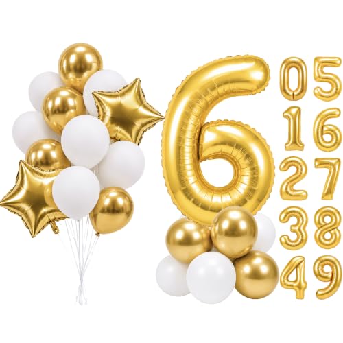 Image of PartyWoo Metallic Gold Number 6 Balloon 40 Inch 25pcs Gold Foil Star White
