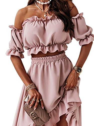 Lyaner Women's Two Piece Outfits Off Shoulder Crop Top And High Low Skirt Set Pink Medium #TOP1