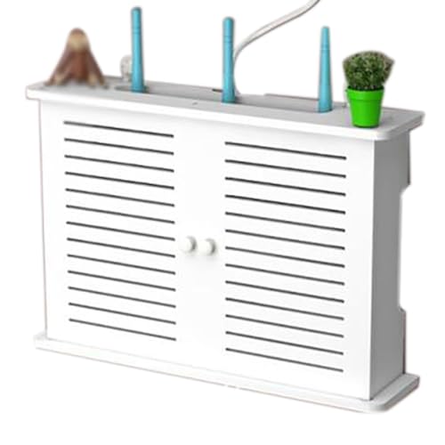 Gabinete de enrutador, estante de enrutador wifi de 2 niveles, 18.5x3.5x10.6 pulgadas de la cubierta de la caja de fusibles montada en la pared con puerta de doble hueco para el hogar y el estante de