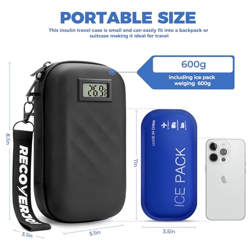 Image of Insulin TSA Approved Insulin Cooler Travel Case Diabetic Medication Bag with Temperature Display Small Refrigerated Medicine Diamond Pattern Organizer Bag for Travel & 2 Ice Pack-Black