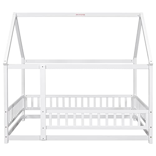 Bellemave Full Size House Floor Bed,Wooden Montessori Bed with Fence and Roof for Kids,Playhouse Full Bed Frame for Girls,Boys(Full,White) by Bellemave - Image 3