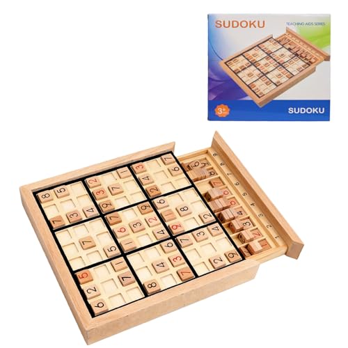Wooden Sudoku Puzzle Board Game with Drawer, Includes Extra Number Tiles and Puzzles Booklet, Educational Logic Brain Teaser Toy for Adults and Kids (Black)