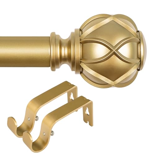 KAMANINA Bundle of 48-86 Inches (2.6-7.1 Feet) Heavy Duty Curtain Rod and Matched Brackets, with Netted Texture Finials, Gold