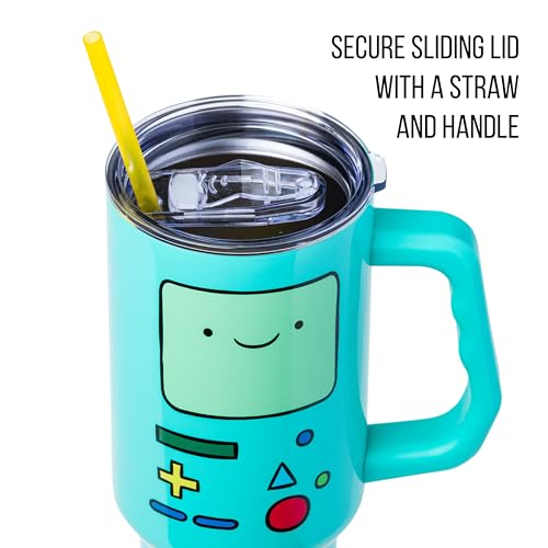 Image of Silver Buffalo Adventure Time Featuring BMO Double Walled Stainless Steel Tumbler with Handle and Straw, Fits in Standard Cup Holder, 40 Ounces