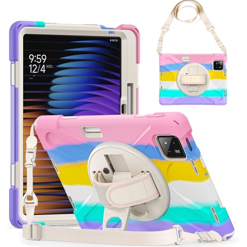 Coque Xiaomi Mi Pad 7 / 7 Pro antichoc robuste à 3 couches avec support et dragonne rose