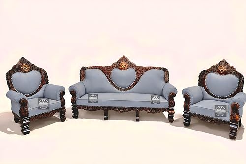 Image of Royal Carved Wooden Sofa Set | 3+1+1 Seater | Antique with Button Tufted Velvet Upholstery | Victorian Style Living Room Furniture Tufted Sofa Set Grey 3-Piece (Design 15)