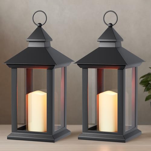 Image of Lanterns Decorative Indoor, 2 Pack Black Decorative Flameless Candle Lanterns with Timer, Vintage 14 inch Waterproof Hanging Outdoor Lanterns, Battery Operated for Porch, Patio, Wedding Decor
