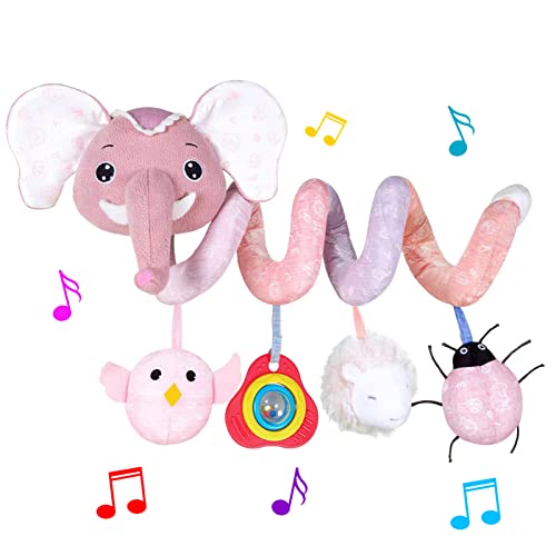 Image of HILENBO Car Seat Toys, Infant Baby Elephant Fox Spiral Plush Activity Hanging Toys for Car Seat Stroller Bar Crib Bassinet Mobile with Music Box BB Squeaker and Rattles (Pink Elephant)