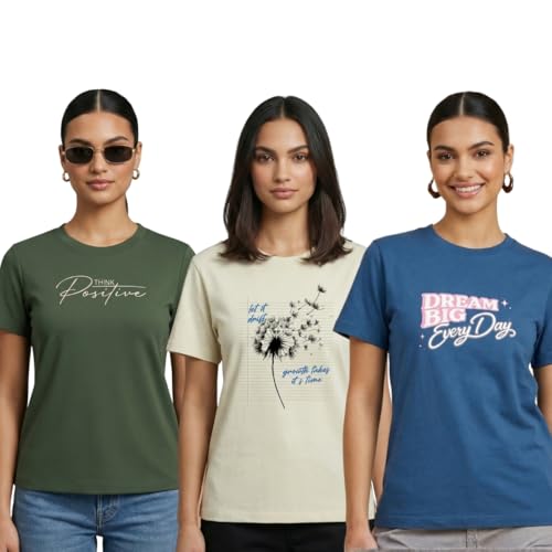 Image of Nobero Women's Graphic Printed Regular Fit Cotton T-Shirt | Casual Tees for Women (Pack of 3)