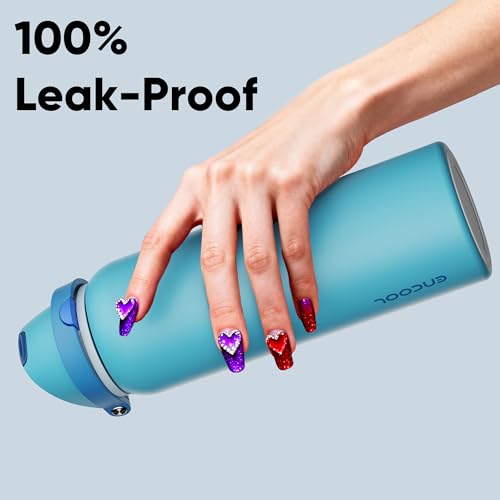 Image of Insulated Water Bottle with Straw - Encool Stainless Steel Water Bottle with Push Button Lid, Leak-Proof & BPA-Free, Keeps Cold for 24 Hours for Sports, Travel, Gym (40 oz, Silk Blue)