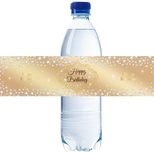 32pcs Gold Happy Birthday Water Bottle Labels, Diamond Gold Glitter Cheers to 16/21/30/40 Years Birthday Stickers, Happy Birthday/Anniversary Water Bottle Lables for Men Women