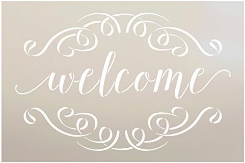 Welcome Stencil with Scrolls by StudioR12 | Reusable Mylar Template | Word Art - for Painting on Rustic Pallets or Wood Signs - Farmhouse | Use for Crafting, DIY Home Decor - Select Size (18"x12")
