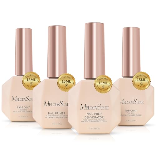 Image of MelodySusie Top Coat Base Coat Nail Dehydrator and Primer Set Long Lasting Shine Nail Polish Art Design Manicure Kit Perfect Gifts for Women Girls 4 Pcs 15ml Clear