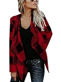 ORANDESIGNE Damen Strickjacke Herbst Winter Casual Langarm Karierte Wasserfall Jacke Asymmetrisch Schnitt Cardigan Strickmantel Slim Fit Rot DE 34