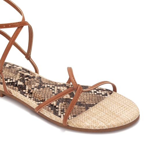Image of Women's Flat Sandals Strappy Open Round Toe Lace Up Shoes with Adjustable Ankle Strap for Summer