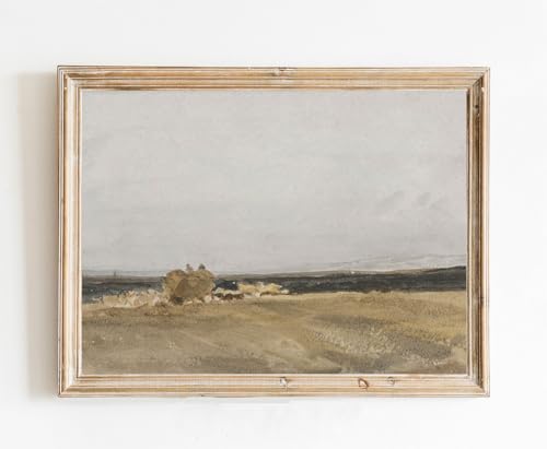 Reproduction Oil Painting Vintage Poster of Neutral Farmhouse Muted Landscape