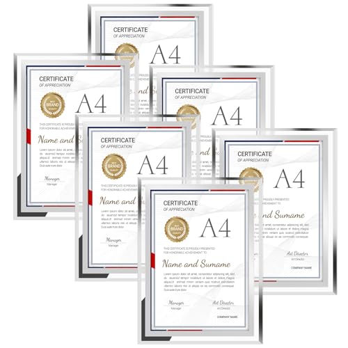 Image of AHAQU 6PCS A4 Photo Frames, Glass Certificate Frame, A4 Picture Frame, Mirror Picture Frames for Wall and Tabletop, Home Decoration, Office Display, Gifts- Silver