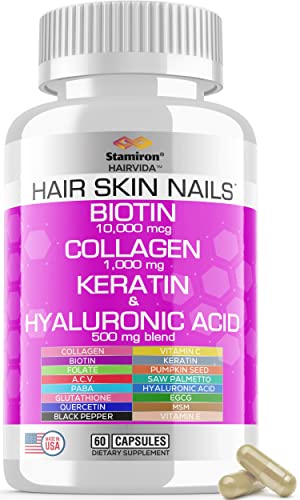 Stamiron Hair Skin And Nails Vitamins For Women With Biotin 10000Mcg Collagen 1000Mg Supplements Plus Keratin Hyaluronic Acid Saw Palmetto Bamboo Vitamin B & C For Hair Growth Nail & Skin - Usa Made #TOP7