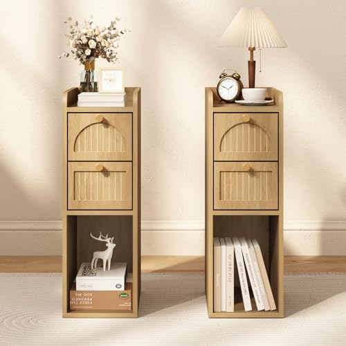 WINWY 7.87" Narrow Nightstand Set of 2, Fluted Slim Bedside Table with 2 Drawers, Mid Century Modern Small End Table with Gold Metal Handles, for Bedroom, Living Room & Small Spaces - Natural