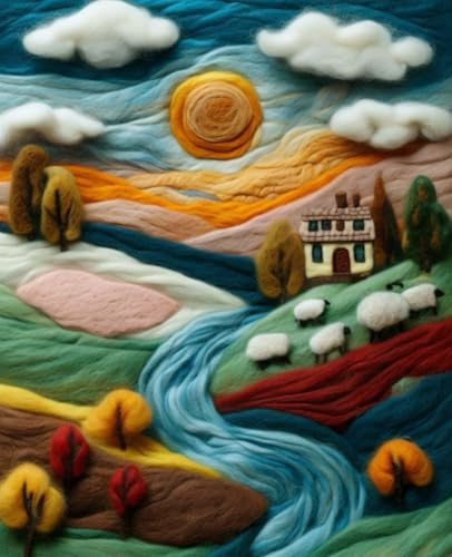 Felted Wool: A 7.5x9.25 cottagecore sheep pasture landscape with stream