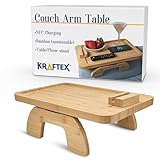 Couch Arm Table with NFC Charger. Bamboo Sofa Tray 15x10 inch, Stable Armrest or Wide Couch Arm Tray. Great Recliner Table for Couch.