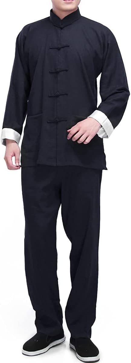 Men's Linen Kung Fu Suit Traditional Chinese Martial Art Uniform Long Sleeve Mandarin Jacket Pants Tai Chi Set