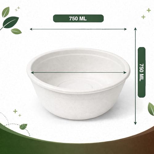 Image of Eco Aaroyaa Disposable Bagasse Bowls - 750 ML - Pack of 25 Biodegradable Disposable Bowls - Eco-Friendly Dip, Sauce, Chutney & Dessert Cups - Leak-Resistant Small Serving Bowl (Pack of 25)