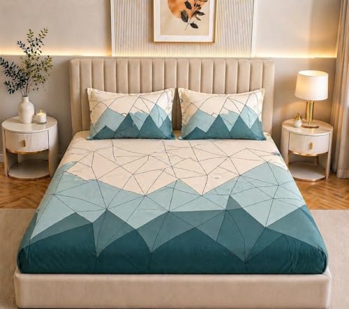 Image of Castiqa Elastic Fitted Supersoft Premium GlaceCotton 200TC King Size Bedsheets with 2 Pillow Covers (Fits Upto Mattress of 8 Inches) (Queen (60x78), Aqua S)