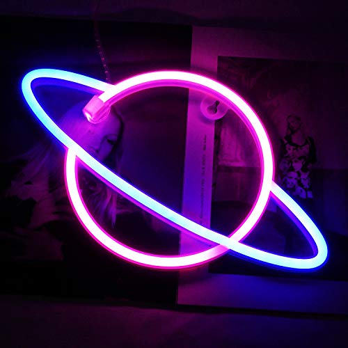 NiniTe LIGHTS Planet Neon Light, Cute Neon Planet Sign, Battery or USB Powered Night Light as Wall Decor for Kids Room, Bedroom, Festival, Party (Pink and Blue)