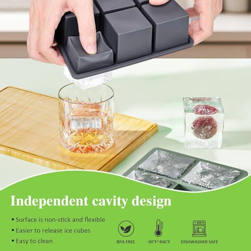 Image of Large Ice Cube Tray for Whiskey: Silicone Ice Cube Trays with Lid - 2Pack Big Square Old Fashioned Ice Cube Maker for Cocktail - 2inch Huge Cubed Ice Trays (Black+Green+Blue(3pack)(6 Grid))