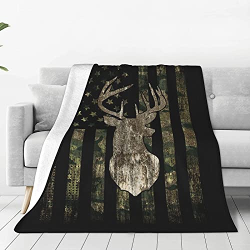 Camo Camouflage Jagd Hirsch Amerikanische Flagge Weich Warm Vollfleece Überwurf Decke Flanell Fuzzy Reisedecken Ganzjahresdecke für Bett Sofa Frauen Geschenke 127 x 152 cm