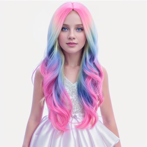 Image of PATTNIUM Child Kids Colorful Wigs Long Curly Wavy Multicolor Wig for Girls Kids Rainbow Wig Colored Synthetic Cosplay Party Halloween Wigs(Colorful)